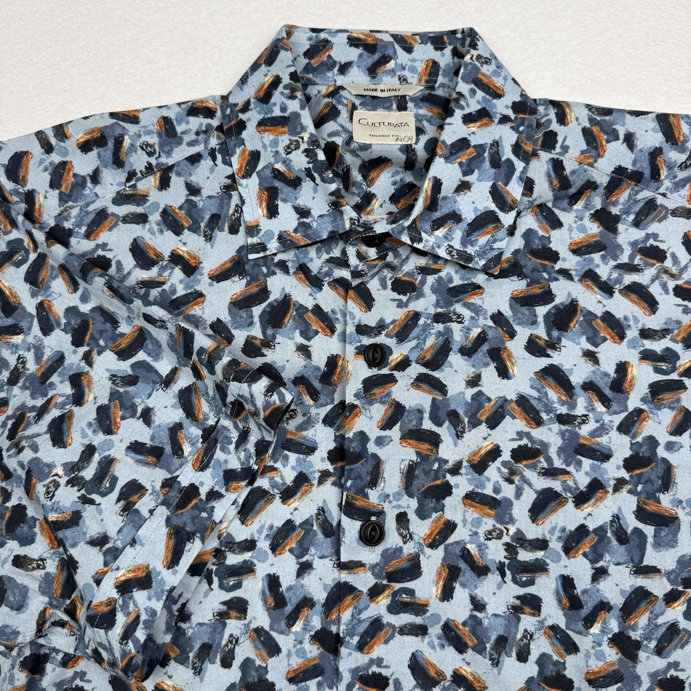 Culturata Shirt Mens Medium Blue Graphic Print Short Sleeve Tailored Fit Italy
